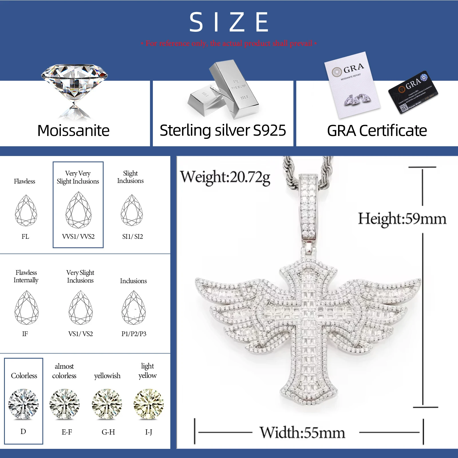 NASIA Iced Out Angel Wing Cross Pendant Necklace for Women Men Moissanite Prong Setting S925 Silver Cross Charm Jewelry 2026