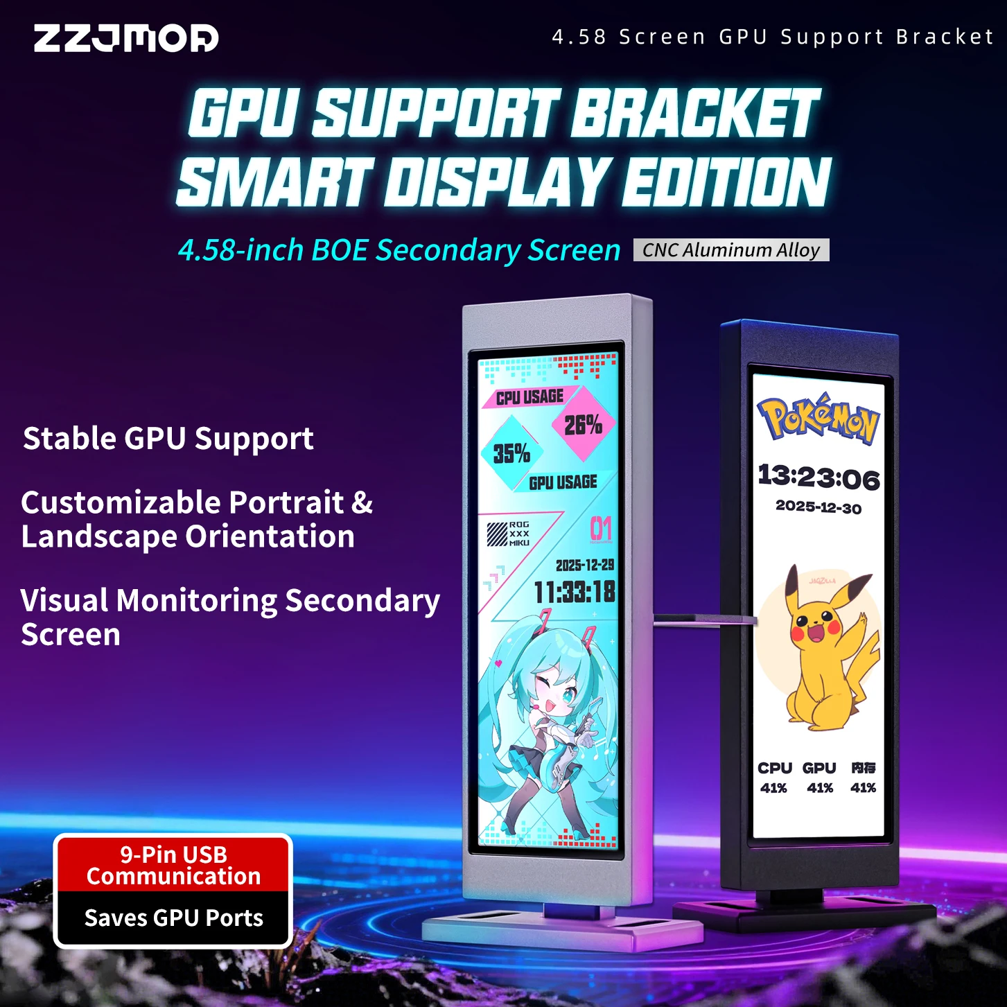 ZZJMOD 4.58-Inch GPU Holder Sub-screen Visual Monitoring Adjustable Horizontal Vertical Colorful Information Screen for PC Case