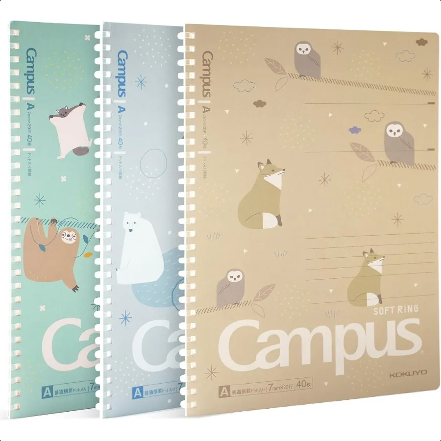 Caderno espiral diário 3 pacote campus b5 caderno de anel macio com pontilhado uma régua de 7mm 40 folhas animal bonito 1 assunto caderno em