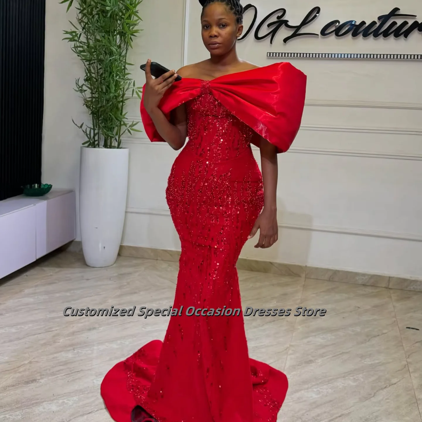 Exquisite Red Mermaid Evening Dresses For Black Girls Off The Shoulder Party Gowns With Sequins Lace Up Long Dress  Customized