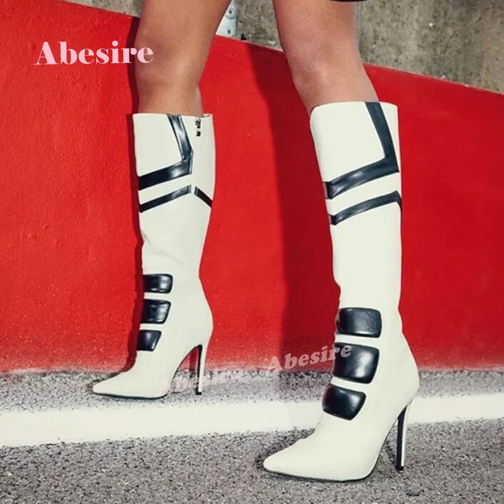 

White Black Gladiator Stiletto Heels Long Boots Pointy Toe Side Zipper Patchwork Knee High Boots Winter Shoes Women 2025