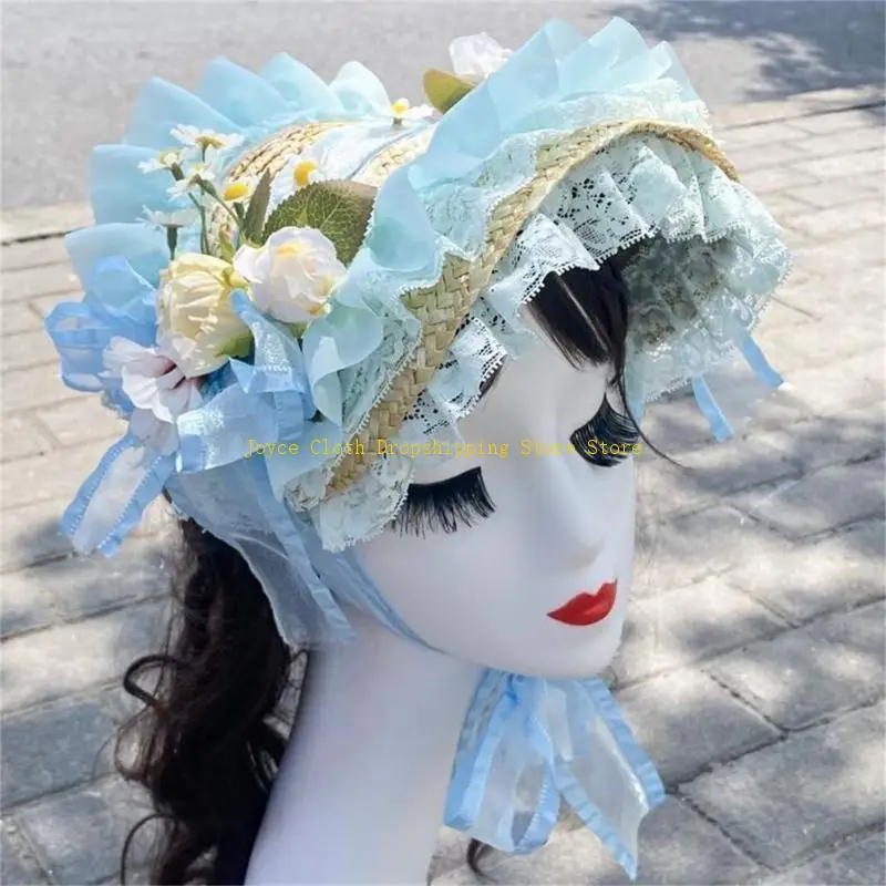 

Girls Straw Hat SunHat for Church Vacations Photo Props Victorian Headdress 10CD