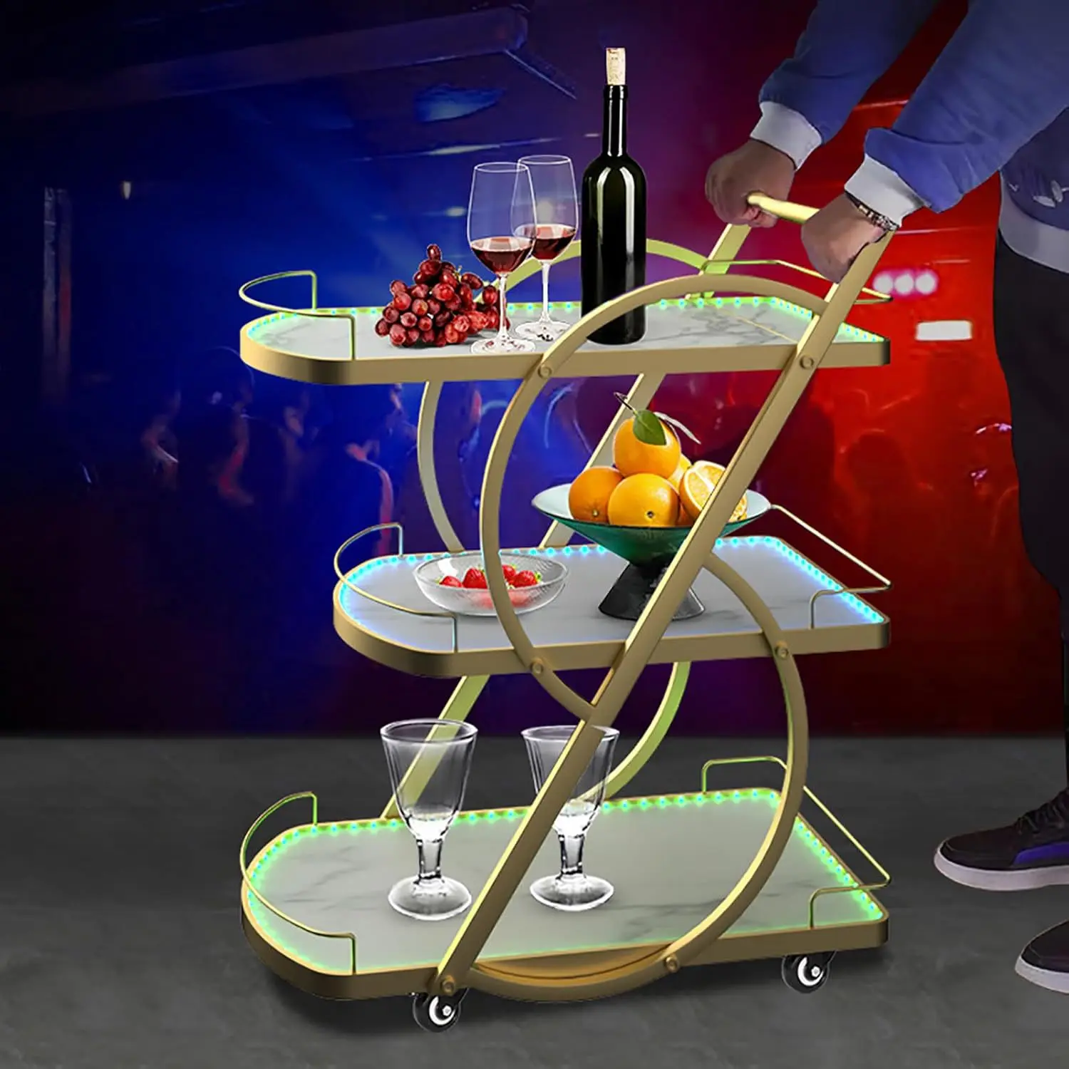 Golden Bar Car Family Kitchen Service Car with LED Light 3 Layer Storage Roller
