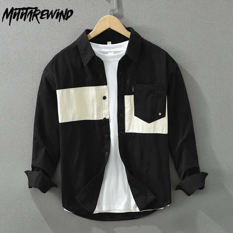 

Новые лоскутные рубашки для мужчин, весенне-осенняя уличная одежда, повседневная черная рубашка из чистого хлопка с длинными рукавами, мужские молодежные корейские модные рубашки