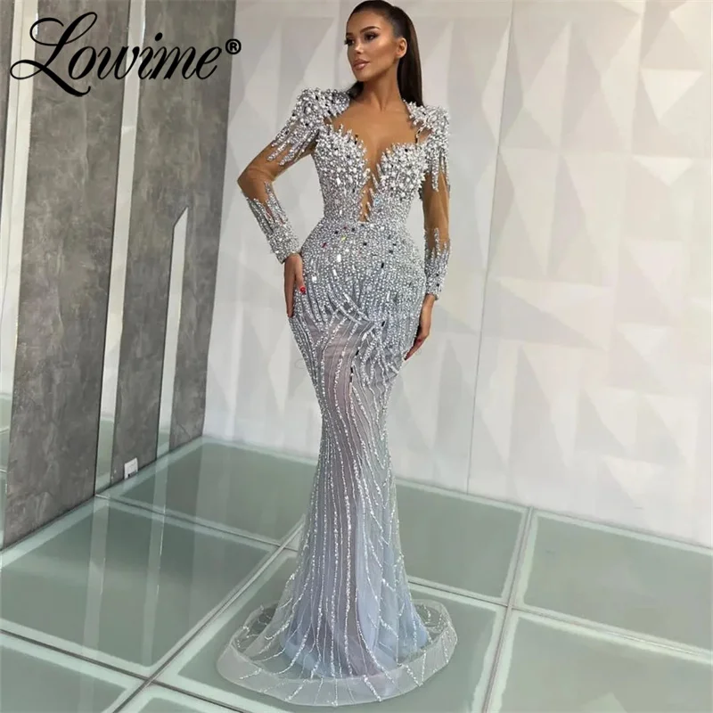 Cristalli di perline complete abiti da sera blu maniche lunghe Illusion Celebrity Dress abito da cerimonia nuziale arabo formale abiti da ballo