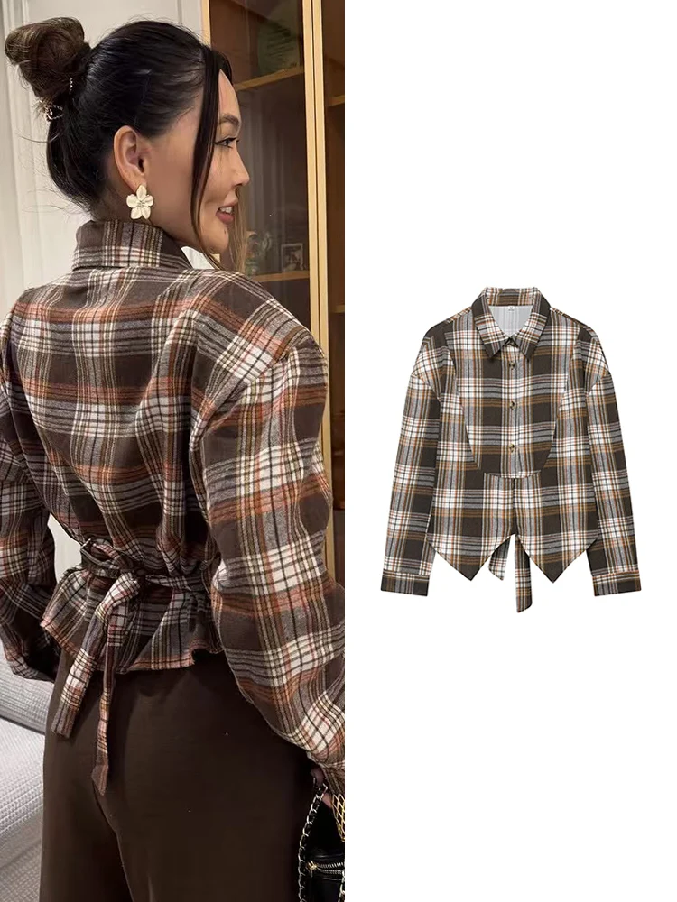 

TFMLN Fashion Women Plaid Slim Blouses Chic High Street Long Sleeve Shirts Spring Casual Back Bow Lace Up Vintage Print Tops