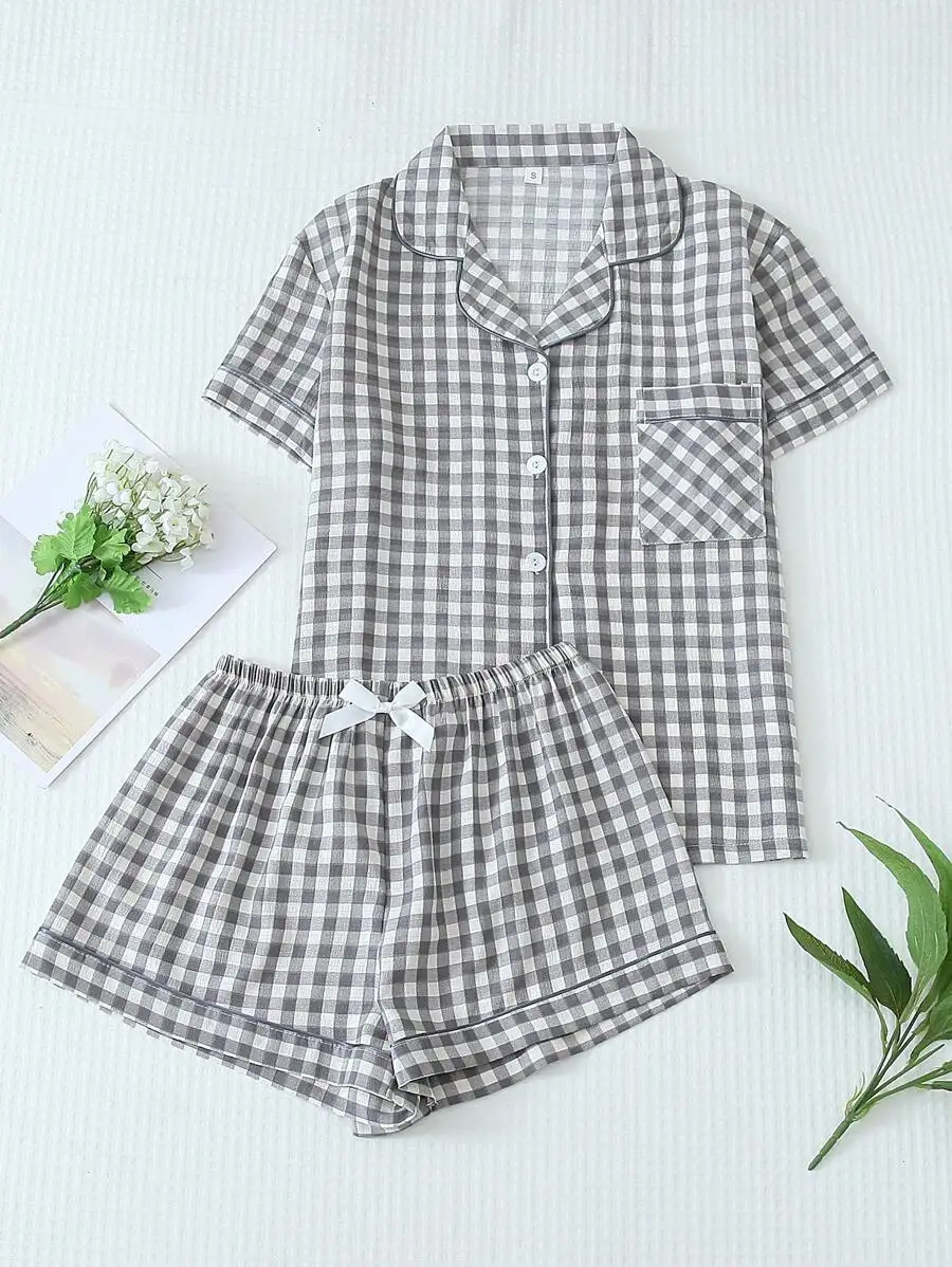 [Elegant Fields]2pcs Women Plaid Print Pajama Set, Short Sleeve Button Collar Top And Shorts, Casual Sleepwear For Summer