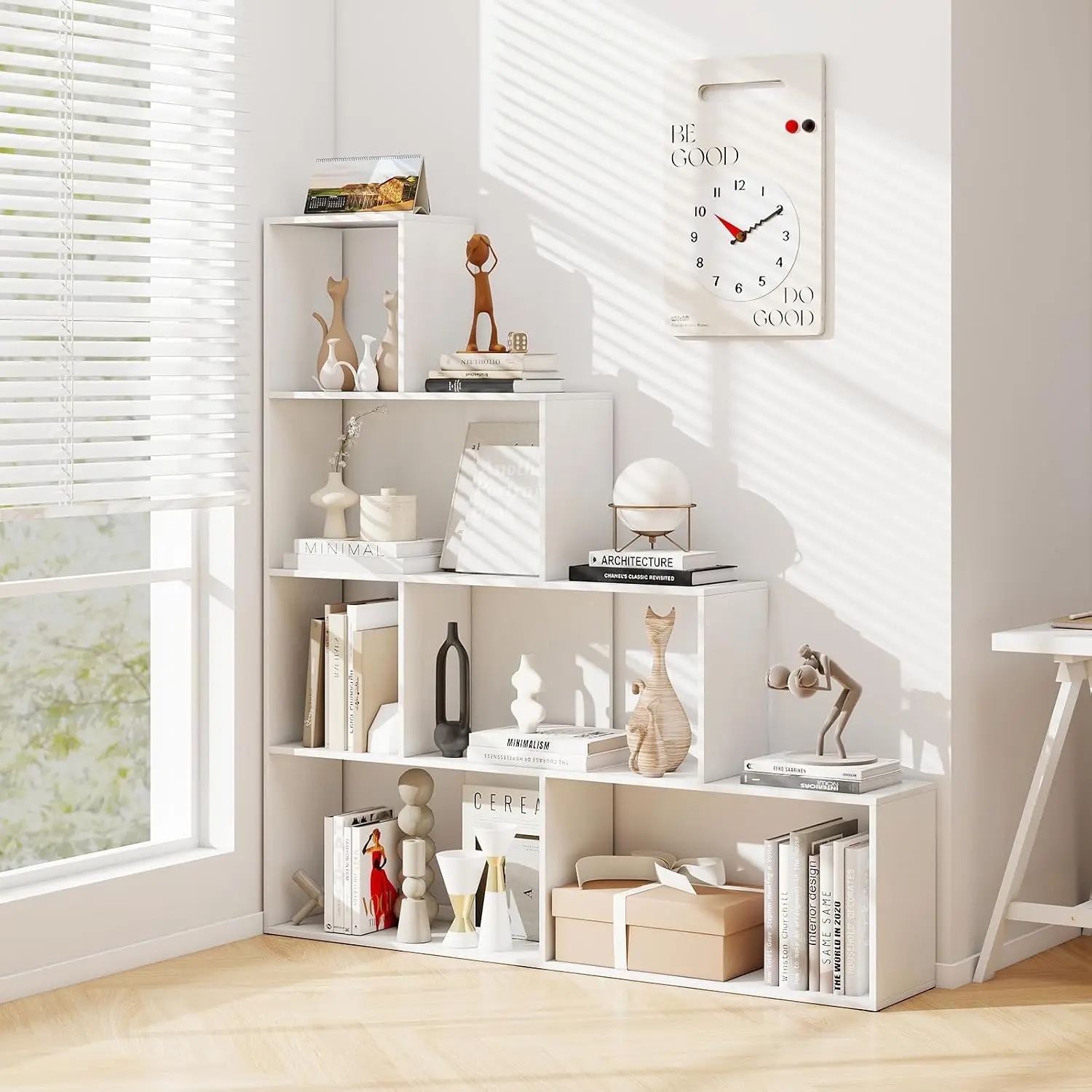 Wood 4-Tier Stair Bookcase, 6 Cube L-Shaped Storage Shelf, 64