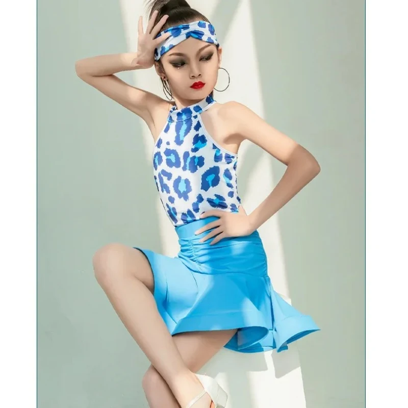 Children's Blue Leopard Print Latin Dance Costumes, Sexy Patchwork, Cha Cha Tango, Classic Style, 1Set per Lot