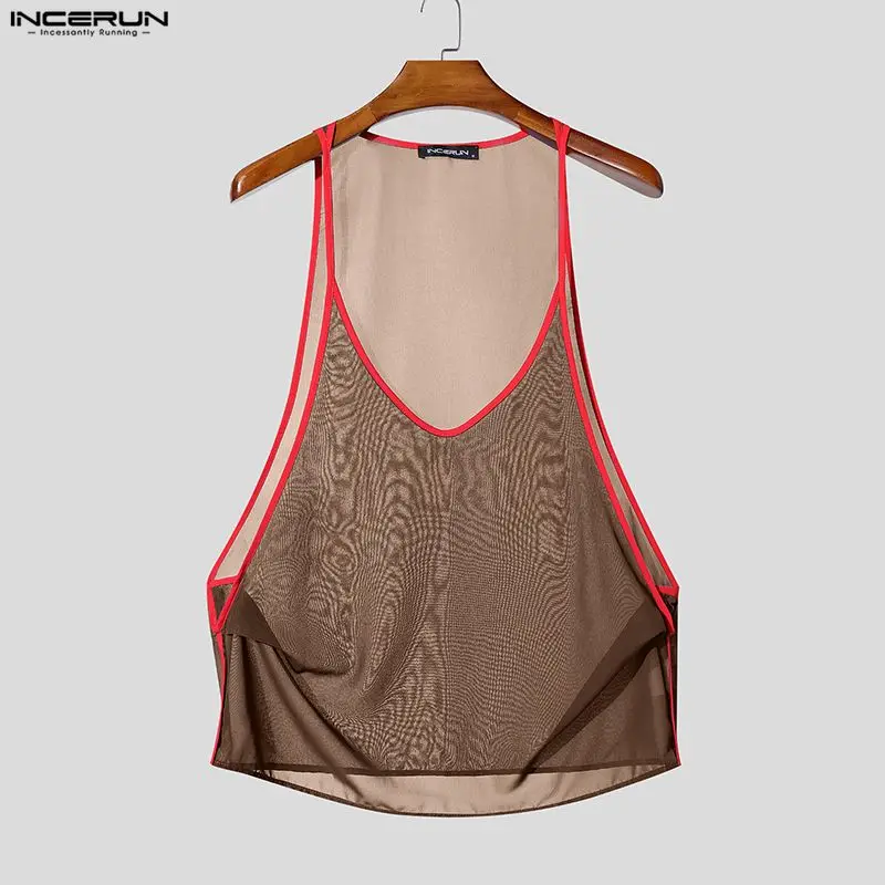 INCERUN Men's Tank Tops Mesh Patchwork See Through Sexy Sleeveless Male Vests Loose 2026 Summer V Neck Stylish Men Clothes Tops