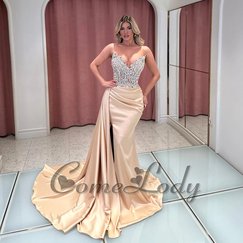 

Comelody Fashionable Mermaid Evening Dresses for Women Rhinestones Sleeveless Strapless Pleat Vestidos De Noche Made To Order