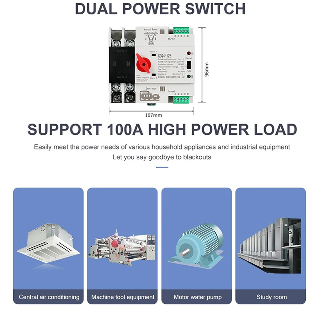 ABMO Single Phase Din Rail ATS 220V PC Dual Power Automatic Transfer Switch 2P Household Power Transfer Switch 50/60Hz