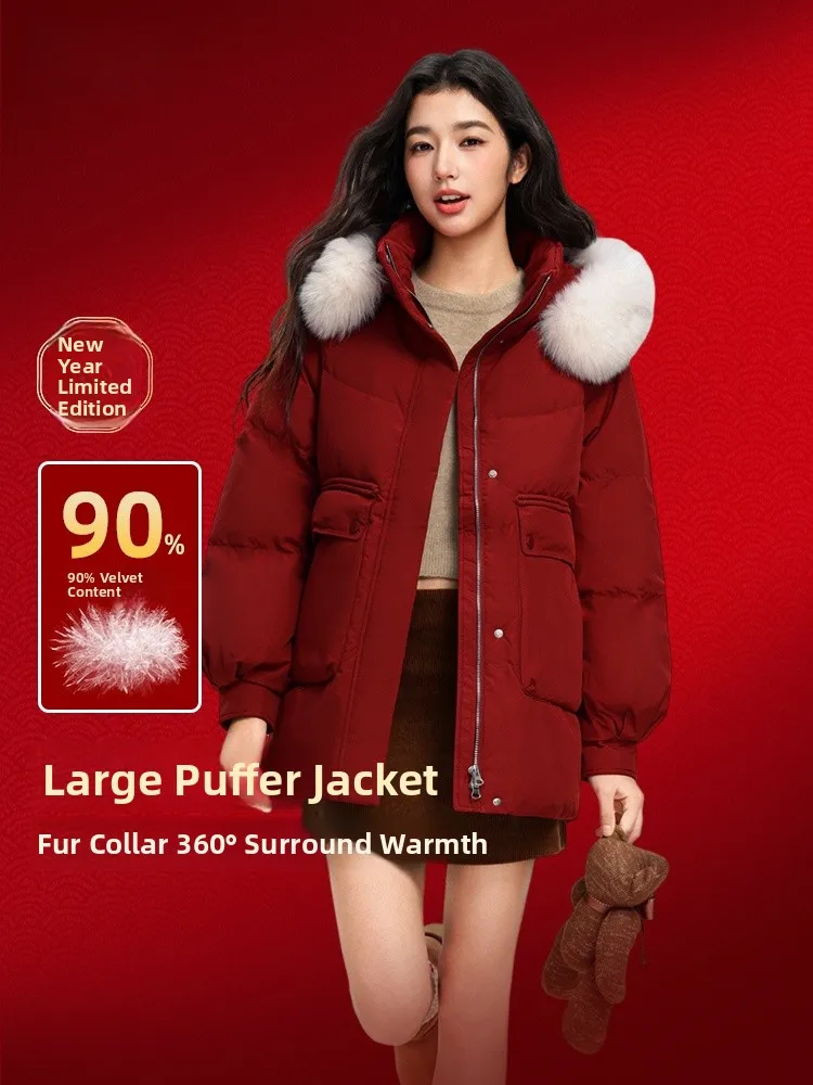 

Snowy Fur Collar ort down Jaet Women's Warmth Puffer Coat Commute Sle Korean Loose Fit High Polyester Content