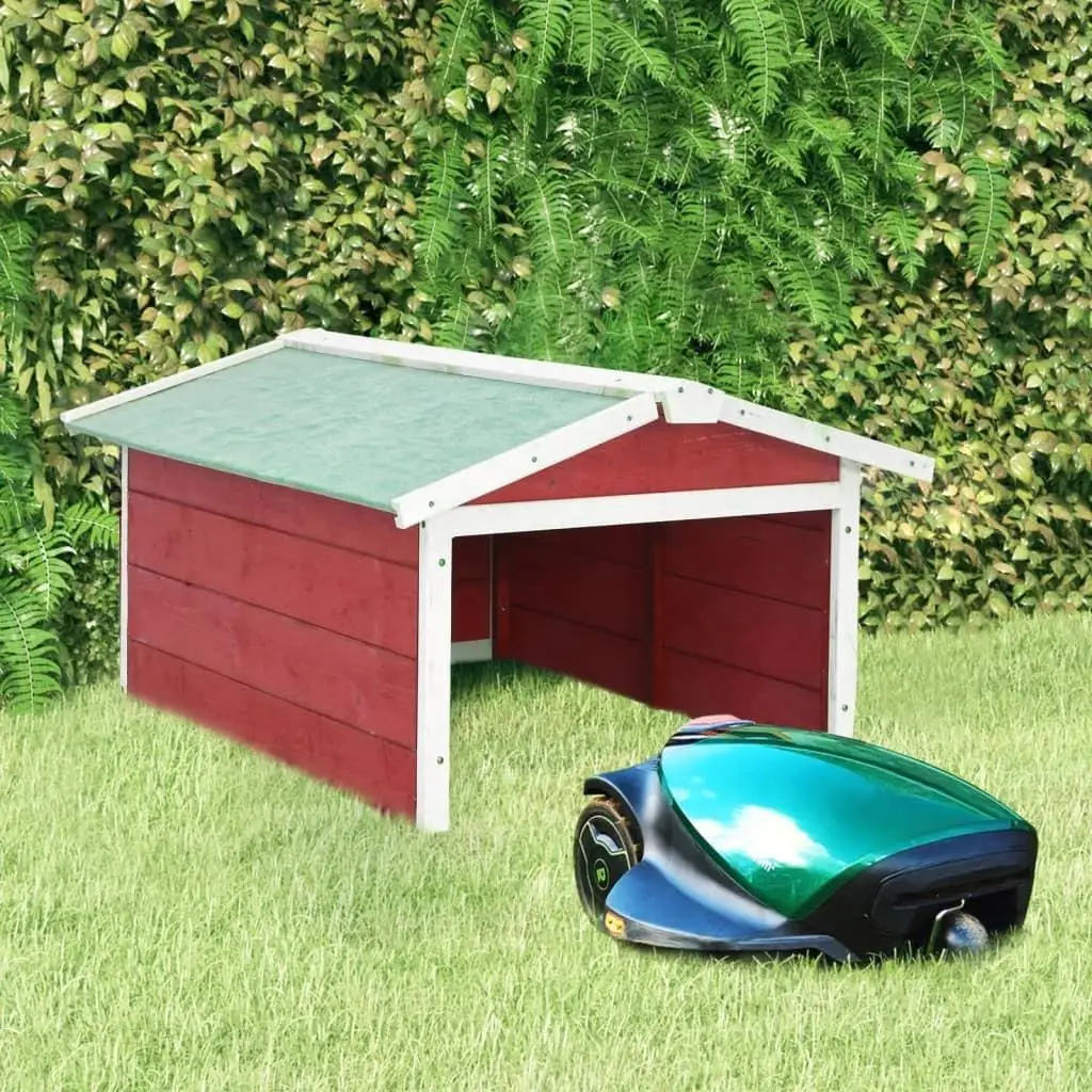 Robotic Lawn Mower Garage in Red & White Firwood - 28.3x34.3x19.7 Outdoor Storage Shed