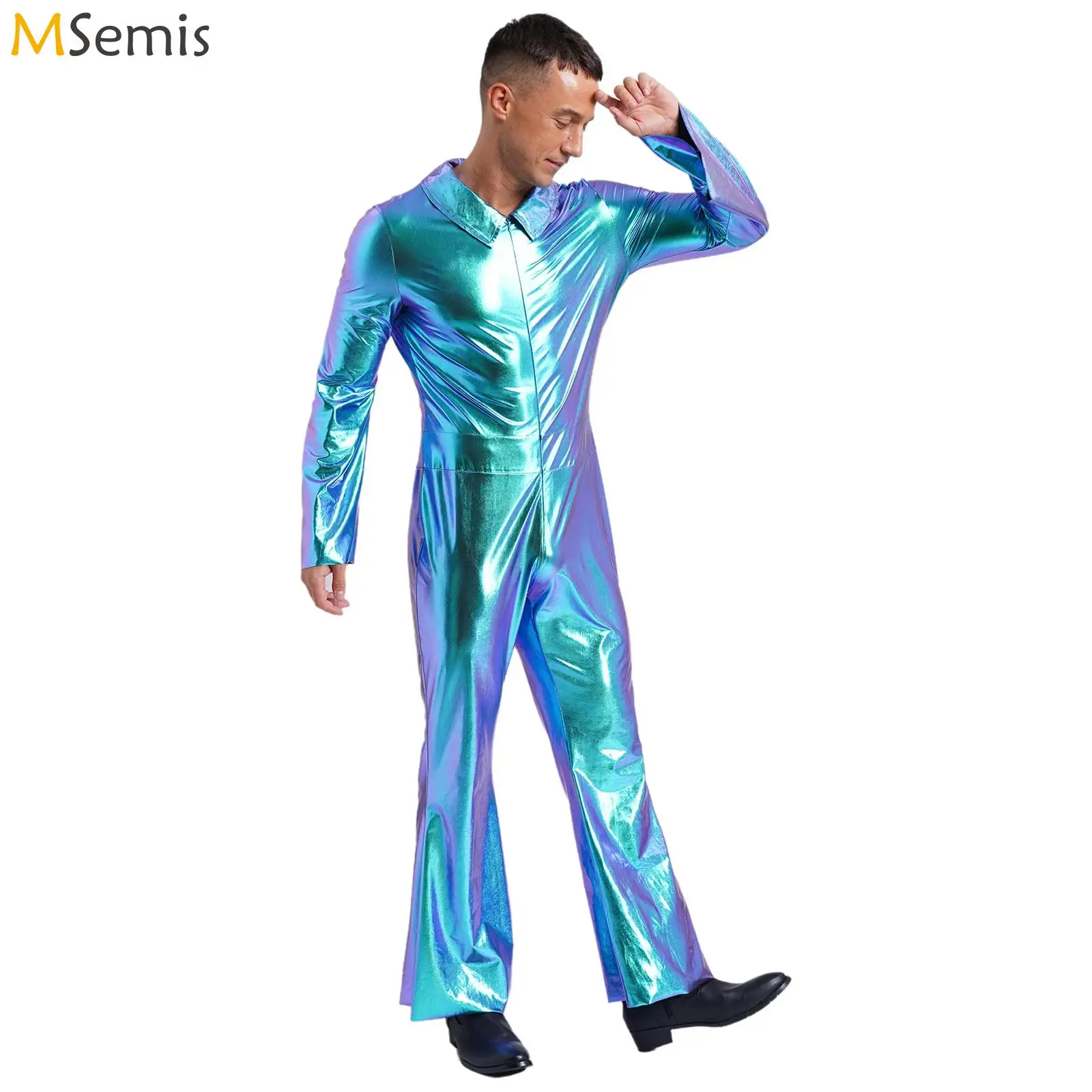 بدلة قفز رجالي لامعة معدنية 70s ديسكو هيبيز أداء رقص الجاز زي بنطال ذو قصة أرجل واسعة ثوب فضفاض عتيق ملابس النادي Unitards