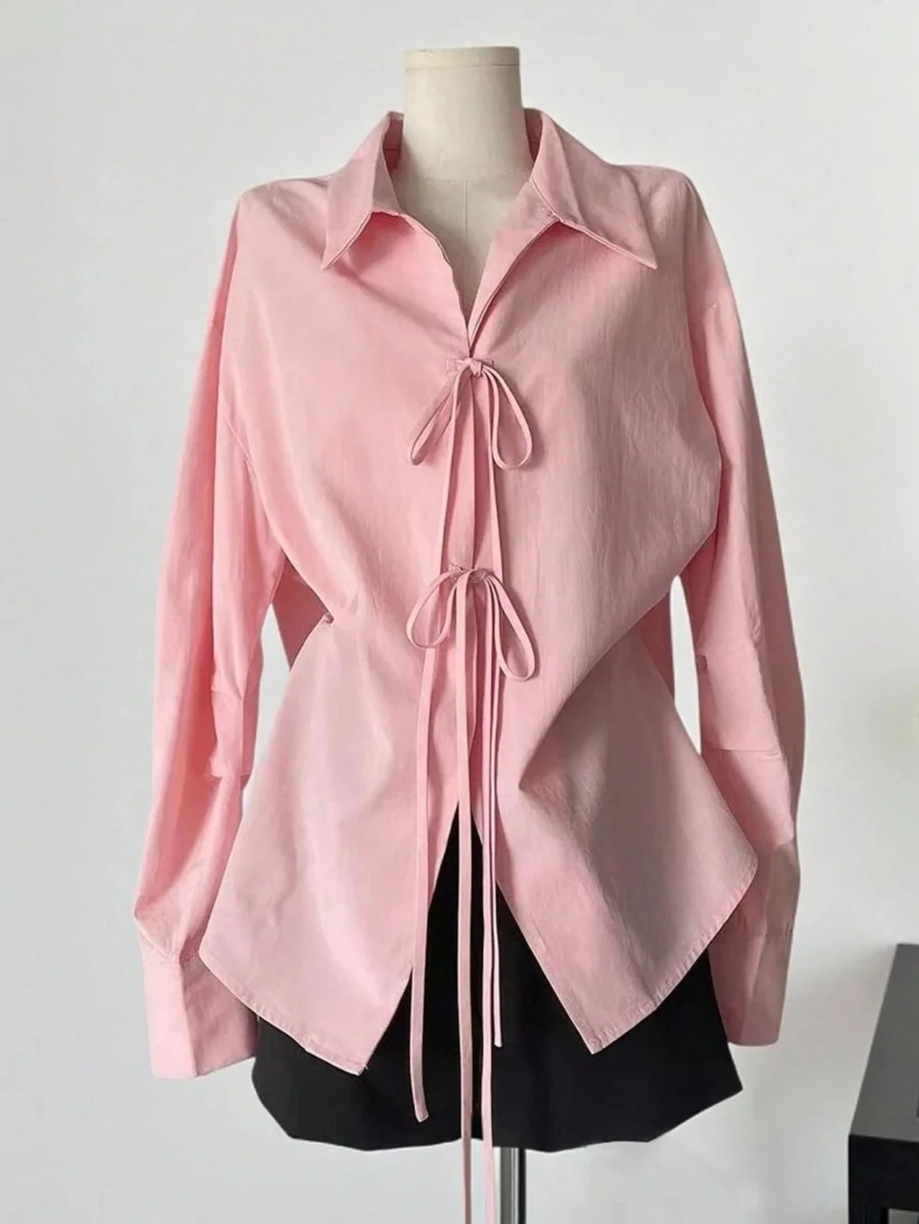 

Elegant Long Sleeve Shirt Women's Pure Color Belted Open Cardigan Soft Satin Polyester