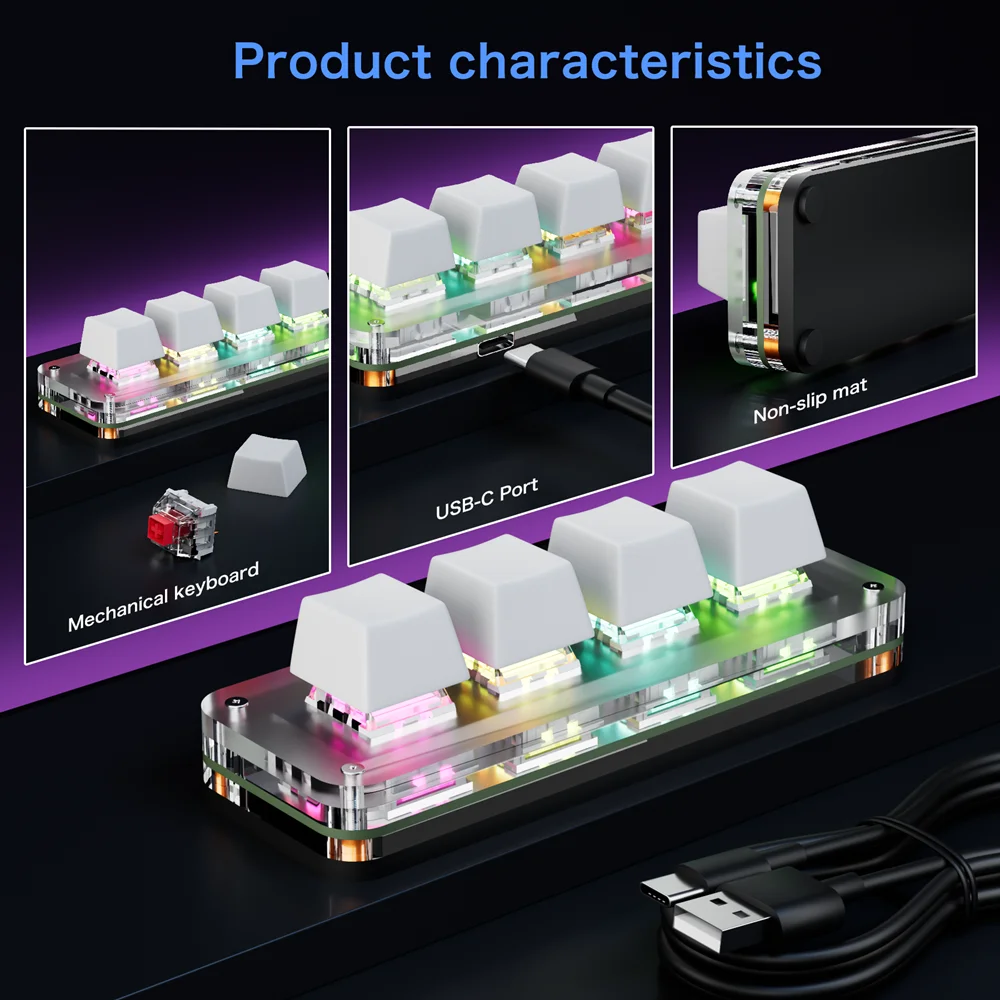 USB Mechanical Keyboard 4 Keys Hot Swap Mini Keyboard Custom Programming Knob Keyboard RGB Programming Macro Game Photoshop