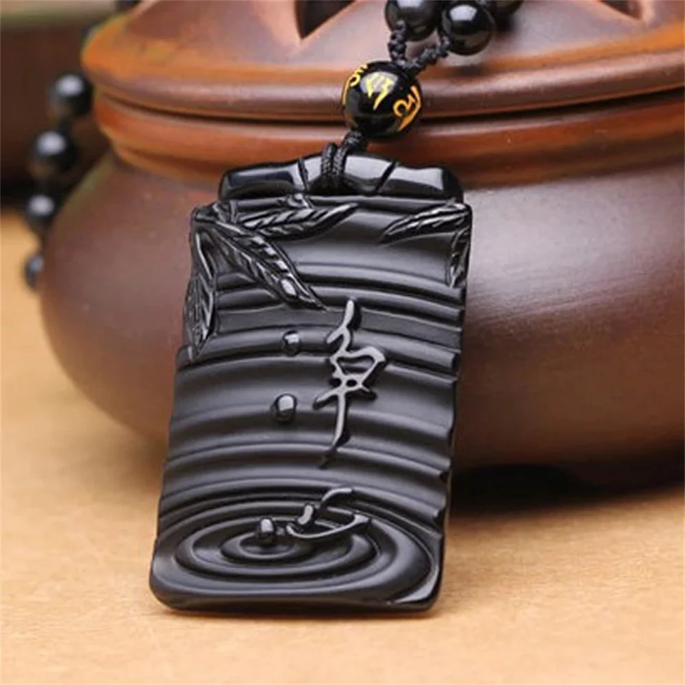 Natural Black Ice Obsidian Carved Chinese Bamboo Calm the Mind Pendant Beads Amulet Necklace Fashion Crystal Trendy Jewelry Gift