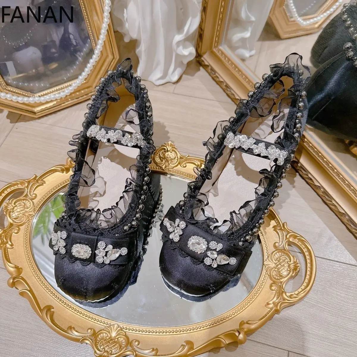 

Lace Ballet Shoes 2025 New Lolita Fairy Round Head Mary Jane Single Shoes Elegant Princess Mid Heel Pumps Original