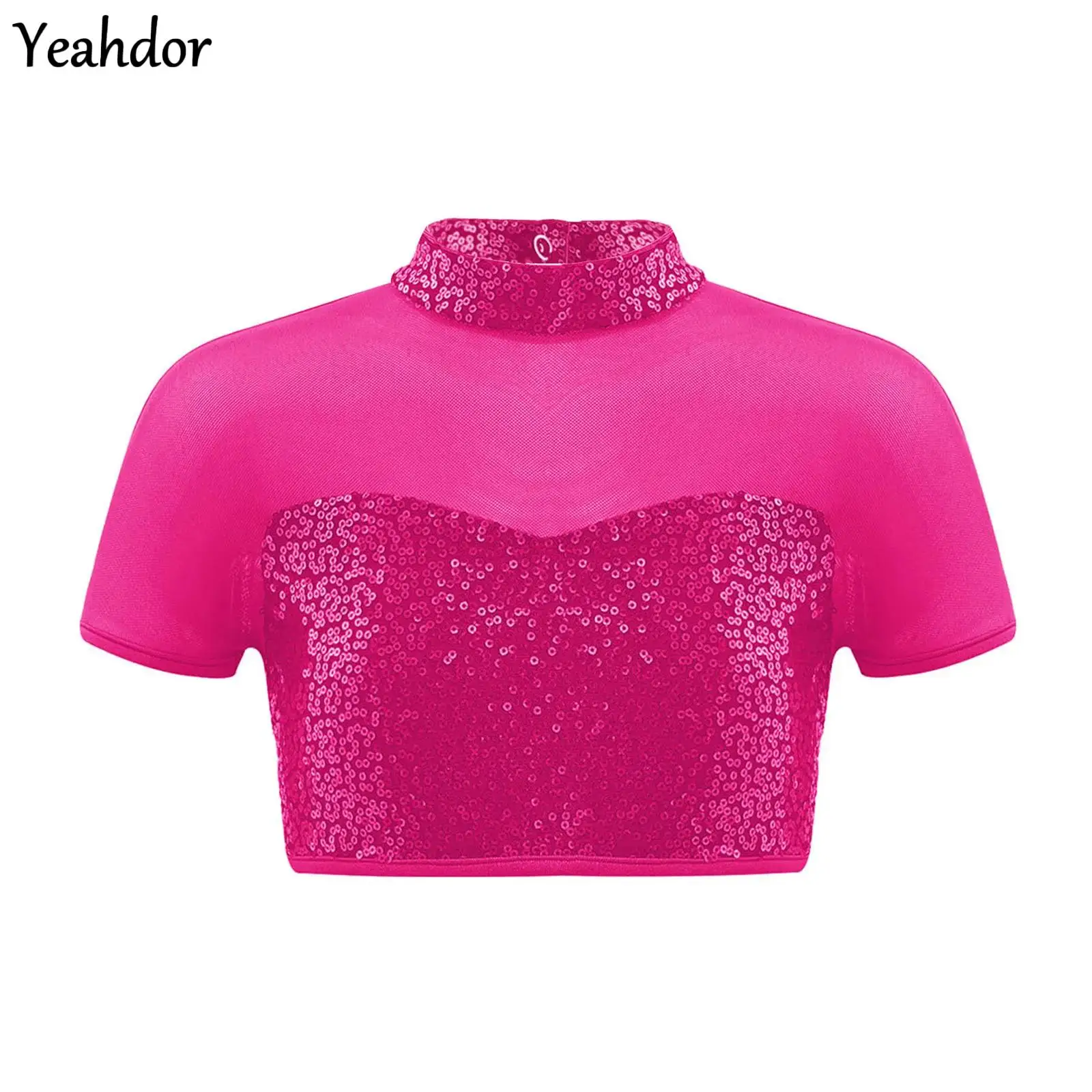 

Kids Girls Jazz Dance Top Short Sleeve Mesh Sequin Dance Crop Top And Skirt Gymantics Ballet Skating Cheerleading Dance Costumes