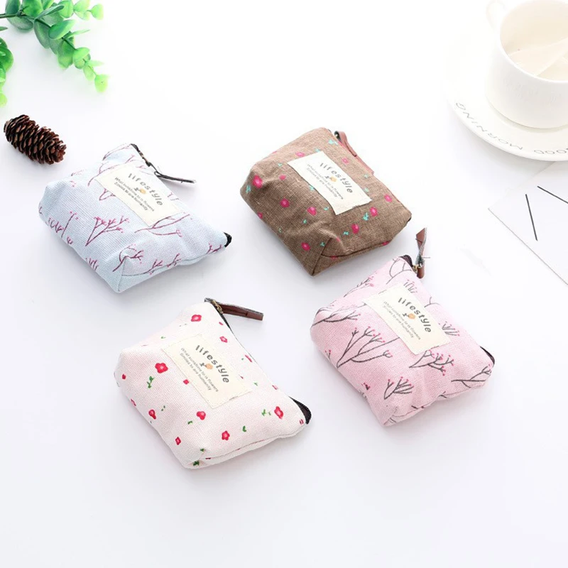 Fashion Flower Pattern Coin Purses Small Fresh Canvas Coin Wallet Lady Girls Earphone Coin Key Money Storage Bag Zipper Pouch