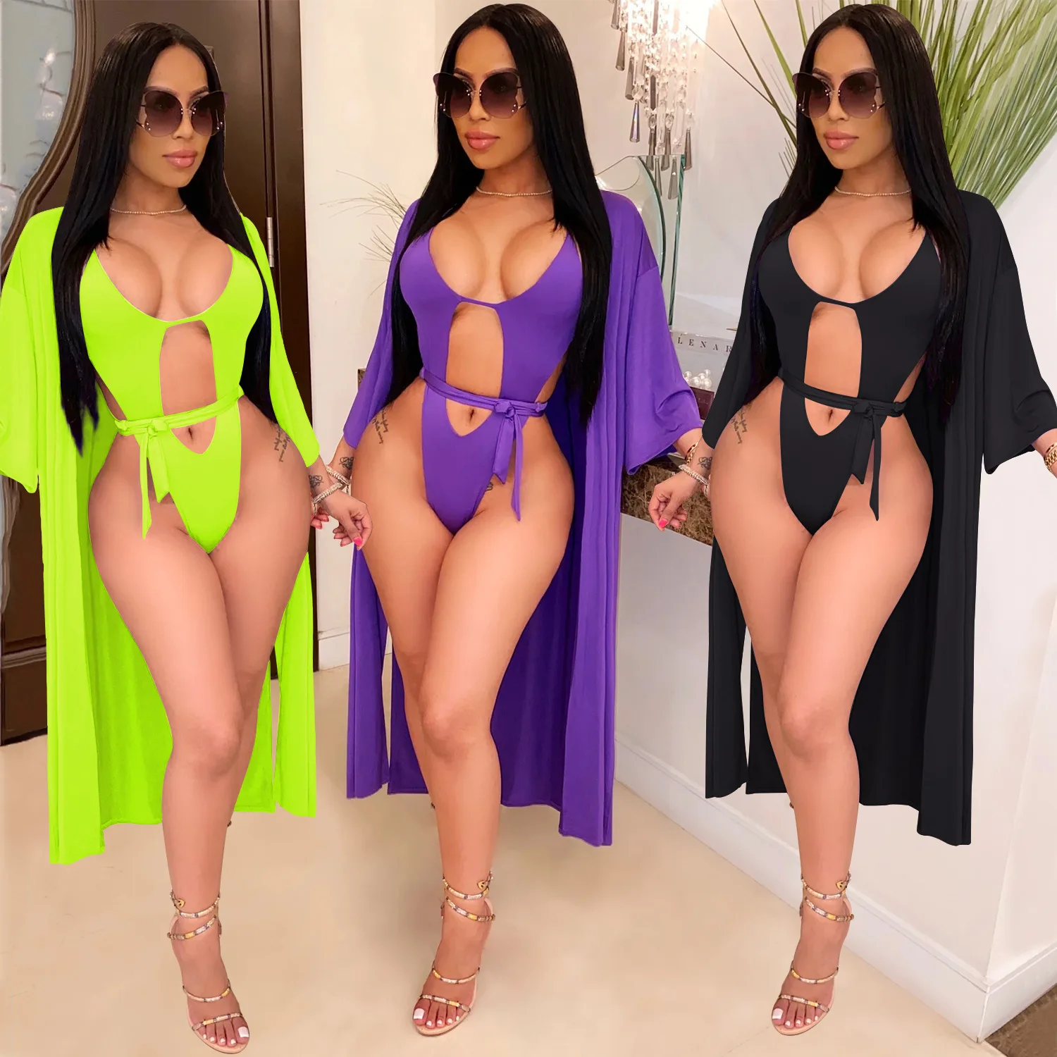 Sexy Solid One Piece Swimsuit and Cover Up Set Women Beachwear Bathing Suits Swimwear