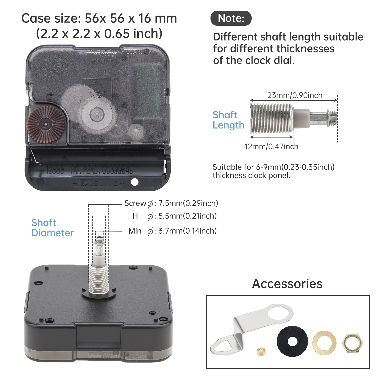 23 mm Shaft 12 mm Thread Quartz High Torque Battery Operated Clock Movement Replacement Kit with 8 inch Long Black Hands