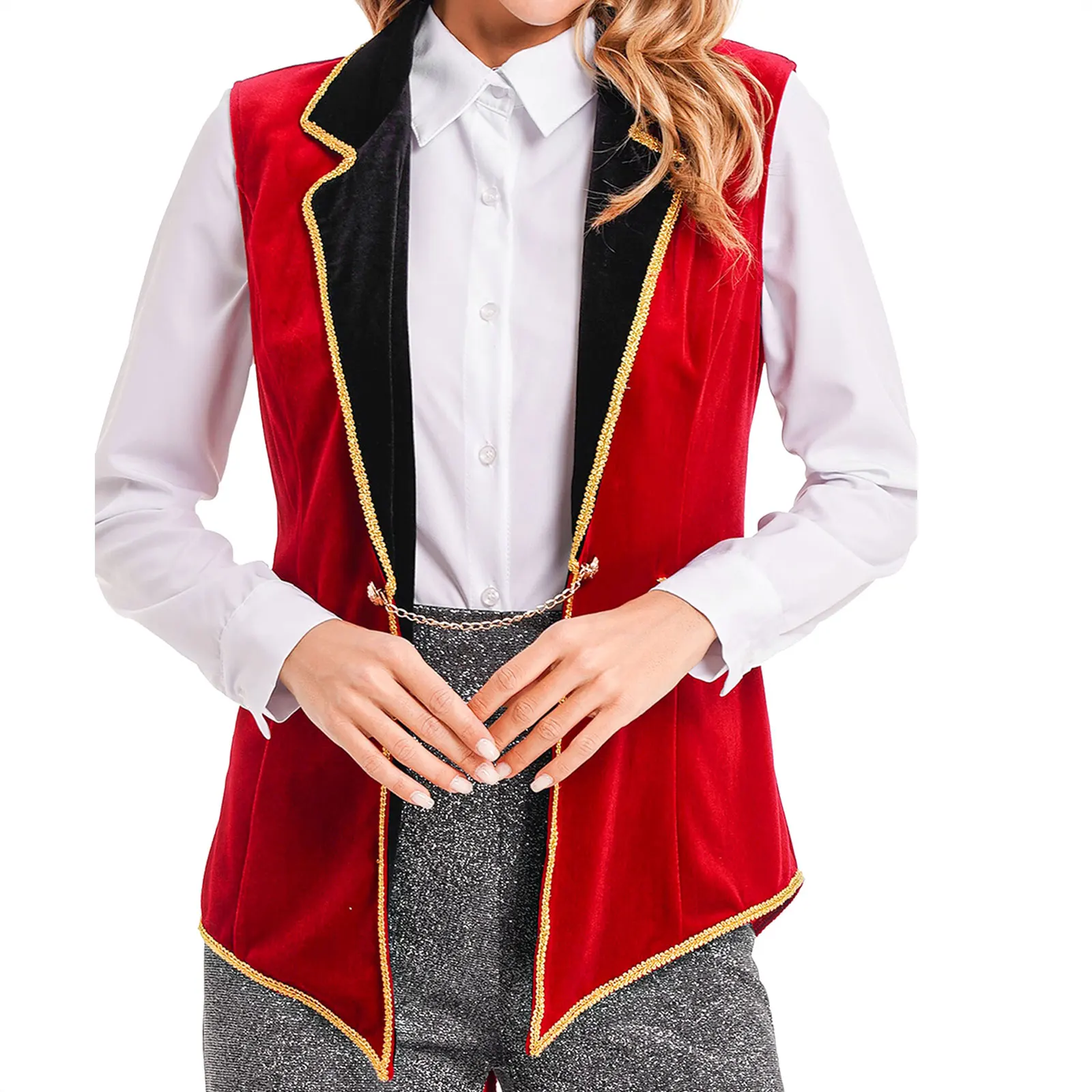 Womens Halloween Showman Wizard Cosplay Costume Circus Ringmaster Tailcoat Lapel Sleeveless Red Velvet Vintage Jacket Outerwear