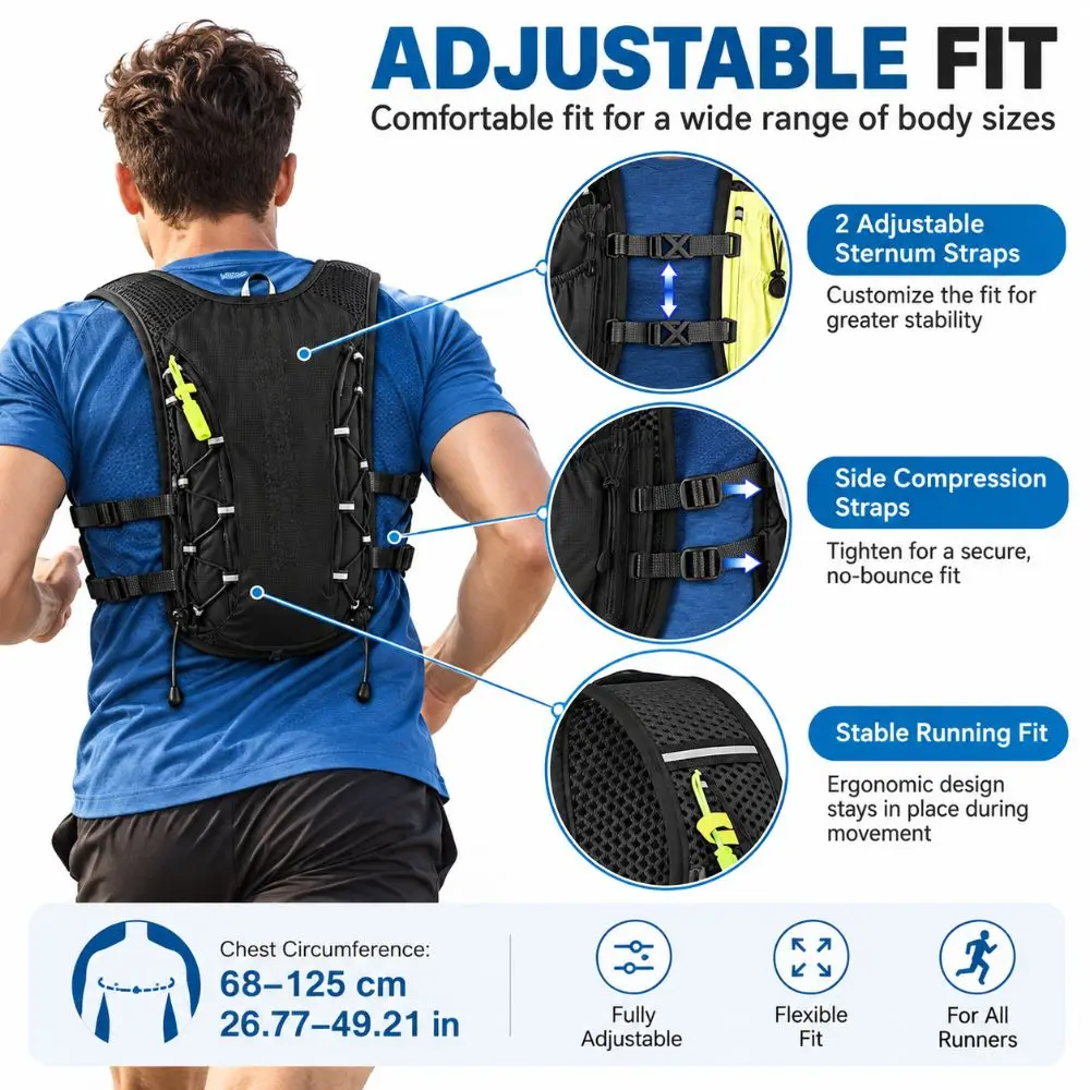 Lightweight Running Hydration Vest Reflective Breathable Hydration Backpack Adjustable Fit Moisture Wicking Trail Running Pack