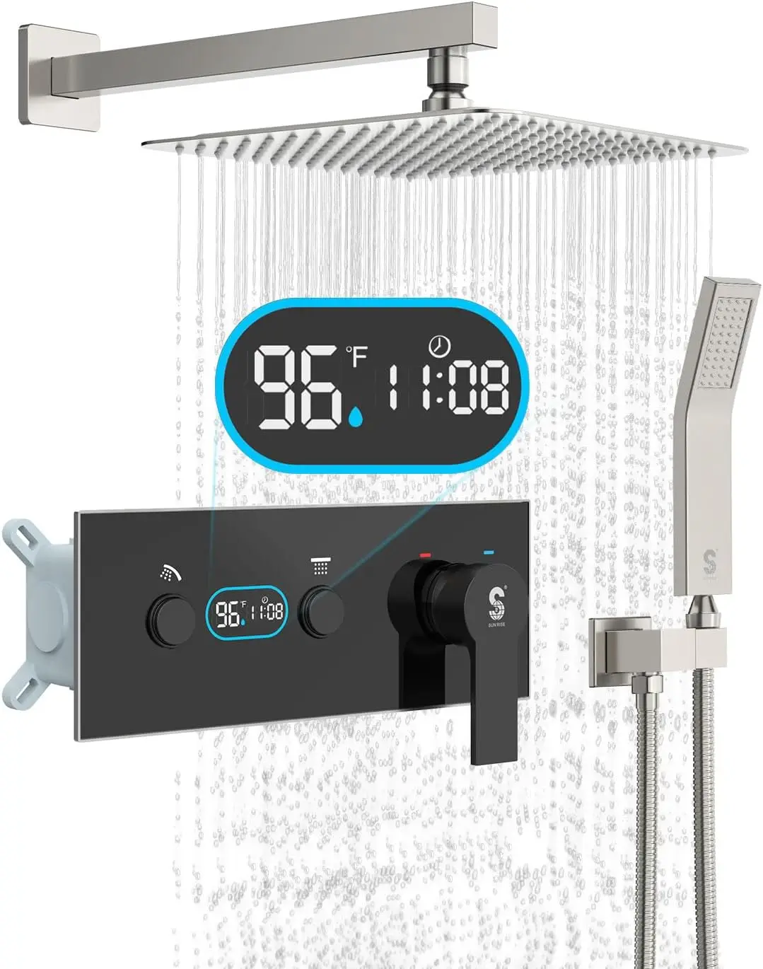 LED Digital Display Shower System - 10 Inch High Pressure Shower Head and Handheld Thermostatic Valve Brushed Nickel