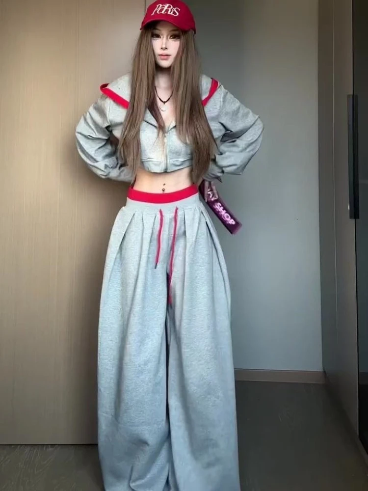 

HOUZHOU Vintage Casual 2 Piece Sets Women Gray Crop Hoodies Oversized Pant Sets Korean Style Retro Autumn Winter Streetwear Sets