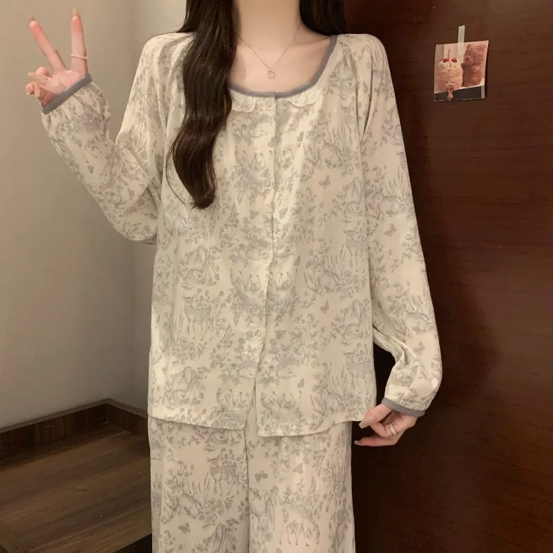 

Женская одежда для сна с подкладкой на груди и весенне-осенним комплектом домашнего костюма Cloud Cottonnew с длинными рукавами и круглым вырезом, можно носить на улице