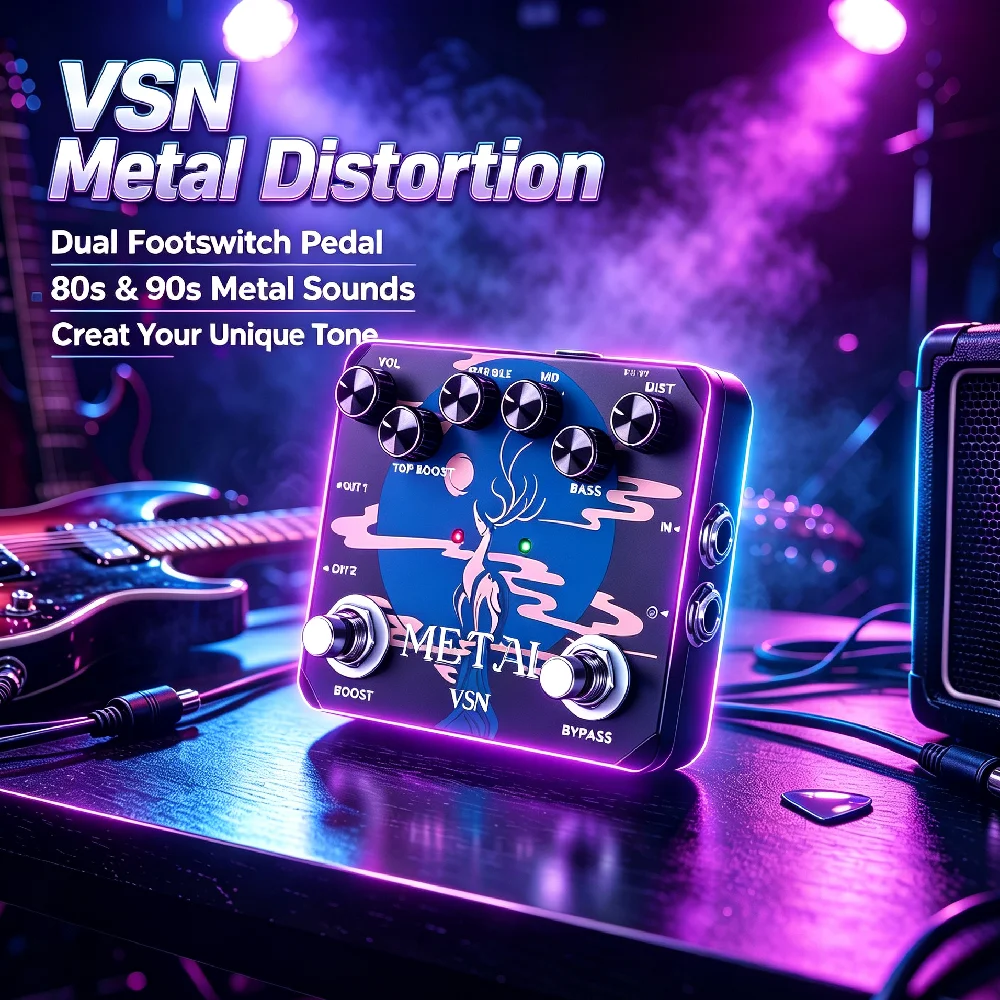Heavy Metal Distortion Guitar Pedal, Muff Top Boost Distortion Guitar Effect Pedal with 80s or 90s Metal Sounds and Earphone
