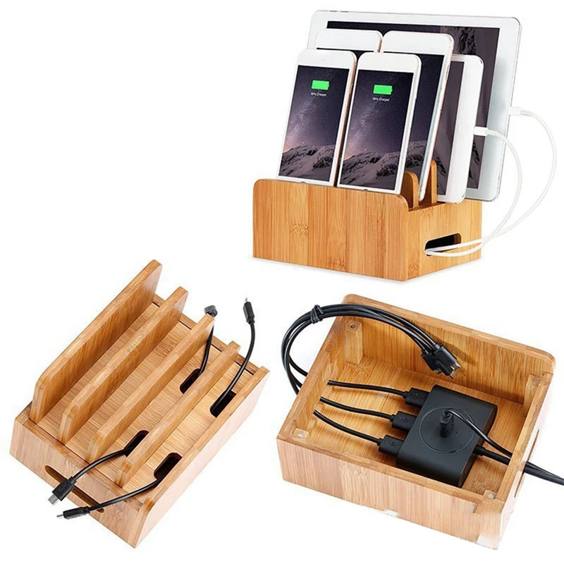 Mobile Phone Flat Bracket Bamboo Wood Multi-Device Charging Station Organizer Office Bracket, Easy To Use Fine Workmanship