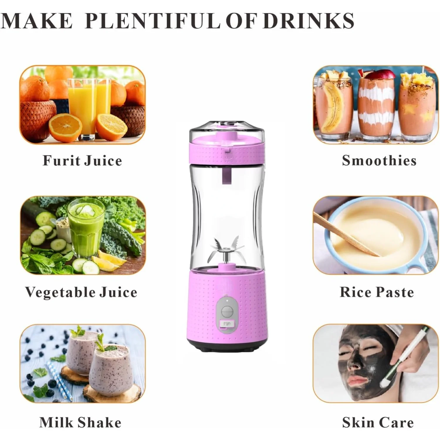 Portable Blender for Furit Juices, Smoothies and Milk Shakes, Personal Size Blender, BPA Free, Cordless, USB-C Rechargeable, Tra