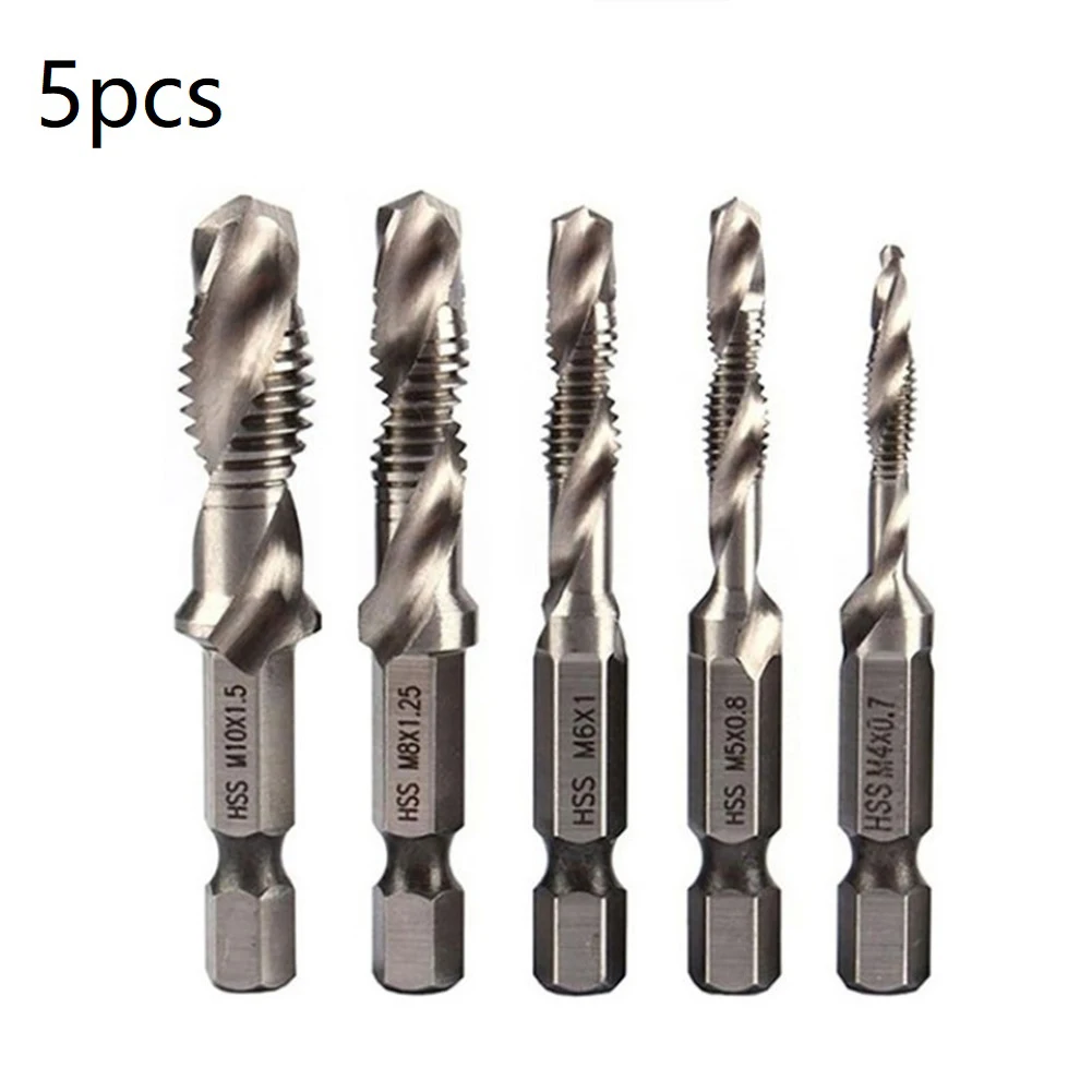 

5pcs Tap Drill Bit Hex Shank Thread Metric Tap Bit Screw Machine Compound Tap M4-M10 HSS Spiral Taps M4-M10 Hand Tools