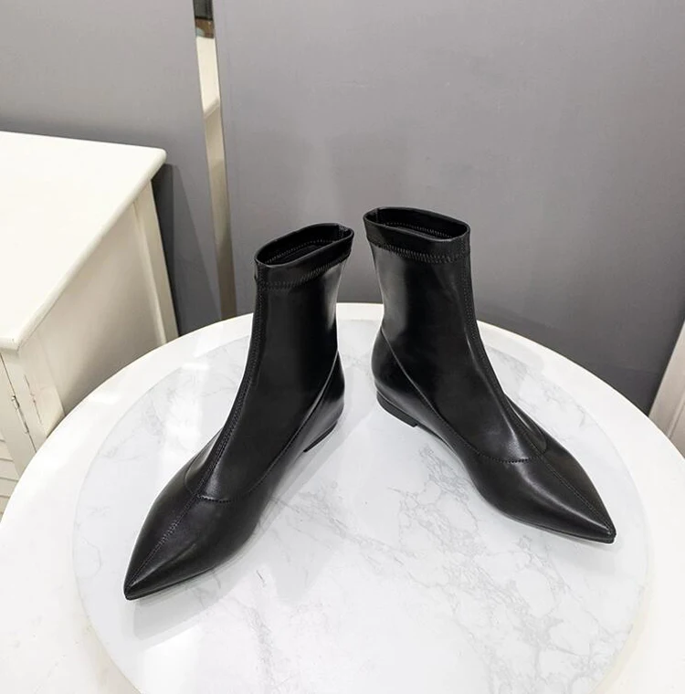 Fashion Design Women Ankle Boots Black Leather Pointed Toe Stretch Boot for Autumn Winter Flat Shoes Concise ladies Chelse Boots