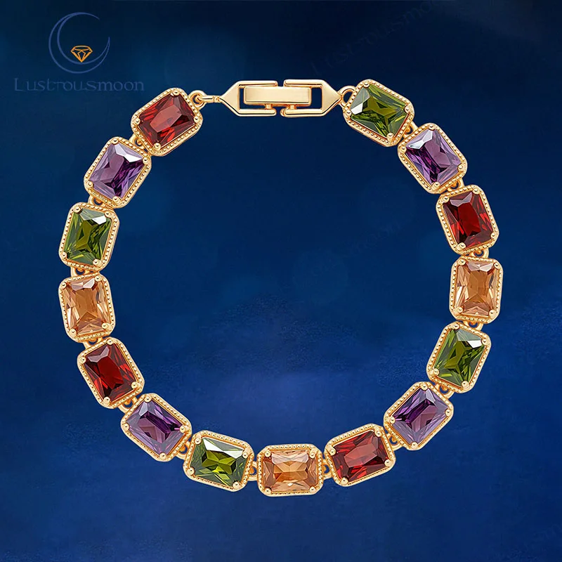 

Color Gemstone Bracelets Iced Out Radiant Cut Multicolor Pink Red CZ Hand Jewelry Chains HipHop Jewelry Banquet Gift for Women