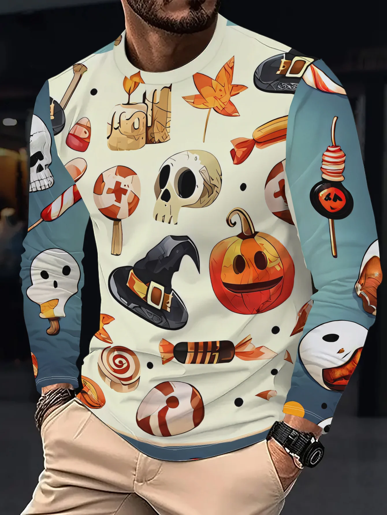 Men's Long Sleeve T‑Shirt Cartoon Skull Pumpkin Candy Witch Hat Maple Leaf Print Crew Neck Fun Halloween Casual Streetwear Top