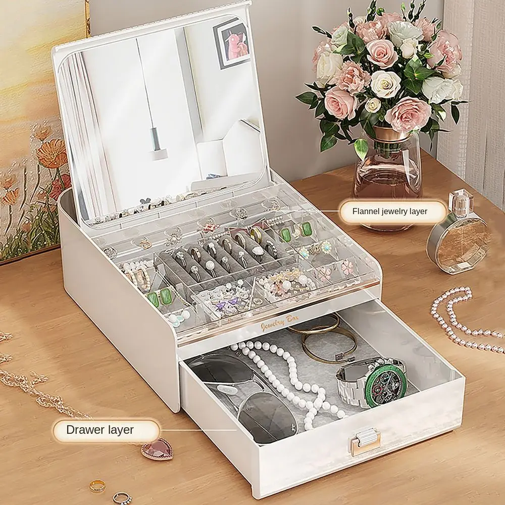 

2-слойная шкатулка для драгоценностей с зеркалом, пыленепроницаемый ящик, женский футляр для драгоценностей, бархатный интерьер с несколькими отделениями