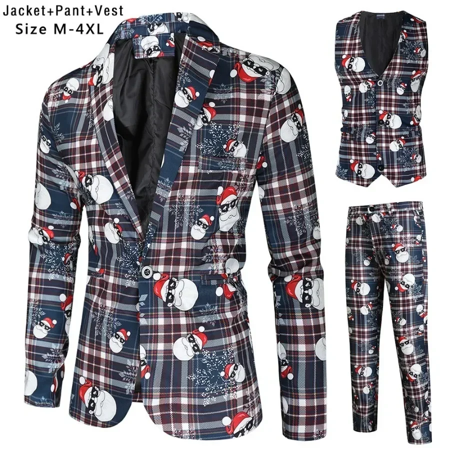 

Brand New Men's Slim Christmas Suits 3D Printed Three-Piece Suit Blazers Jacket+Trousers+Vest Sets Man Prom Party Stage Costumes