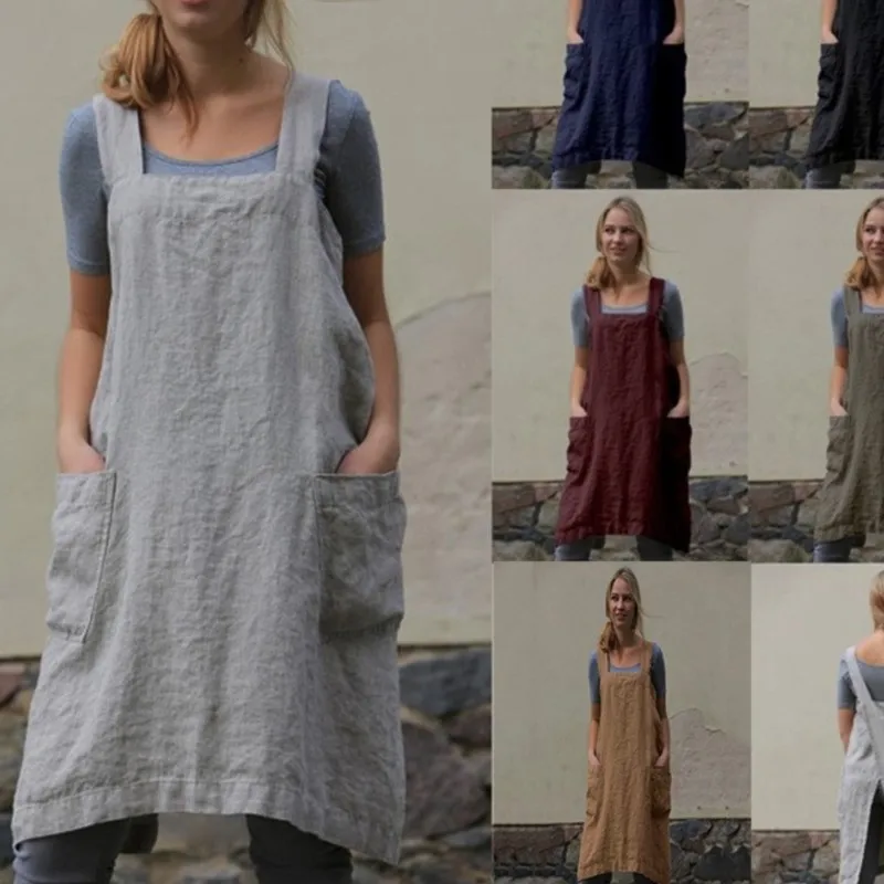 

Womens Solid Color Cotton Linen Apron Long-circle Home Clothes Loose Long Dress European And American Country Retro Pocket Dress