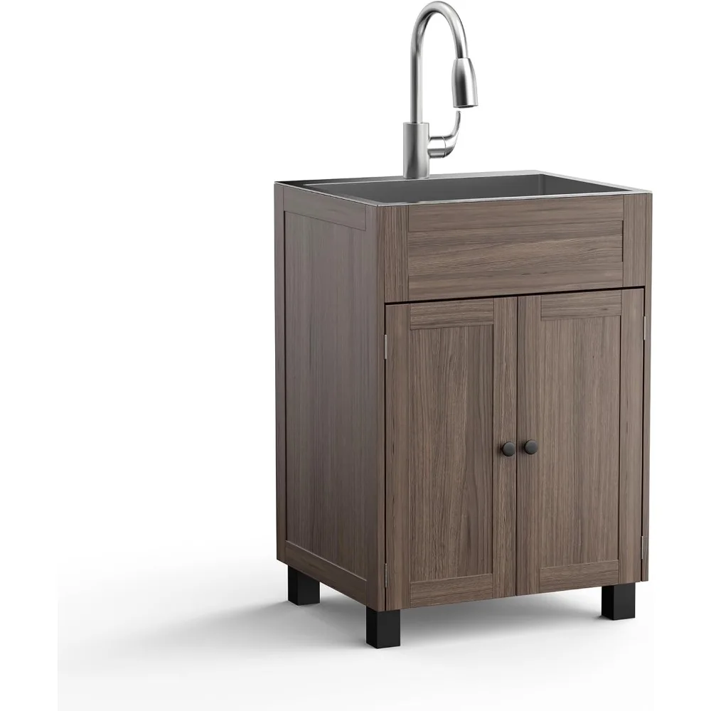 

's 24-Inch Laundry Sink comes with a pull-out sprayer faucet and Brown cabinet. This stainless steel utility sink with cabinet i
