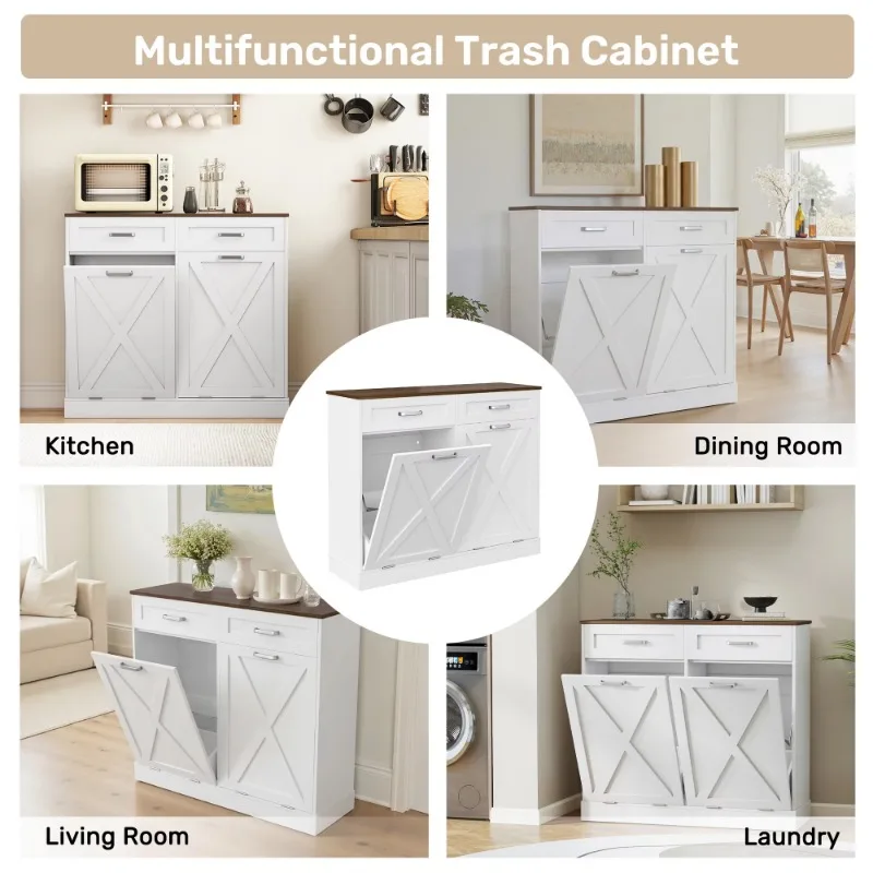 Multi-function double tilt T-shaped wooden trash can cabinet with drawers and barn doors, durable, waterproof, easy to clean