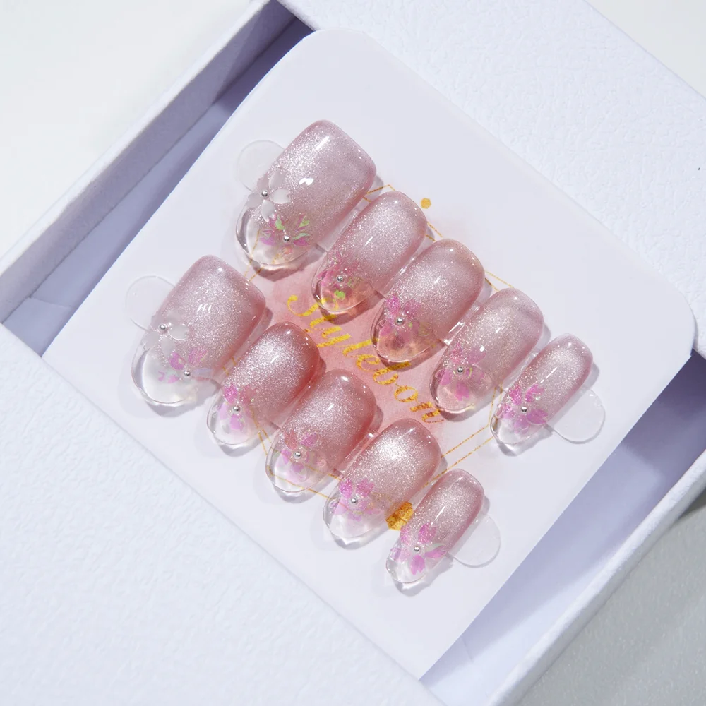 10 個手作りプレス爪オーロラ桜キャッツアイフルカバレッジネイルピース取り外し可能なウェアラブルネイル女性 & 女の子用
