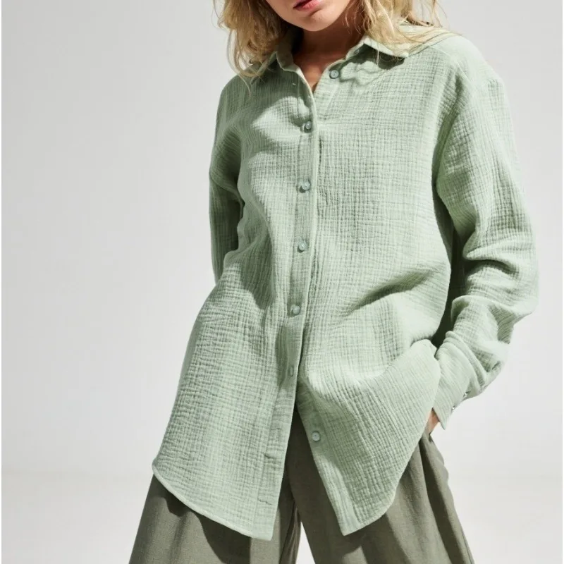 قميص Zoubu بطبقة مزدوجة 2026 قميص ربيعي كسول فضفاض غير رسمي من القطن الخالص بأكمام طويلة متوسط وطويل