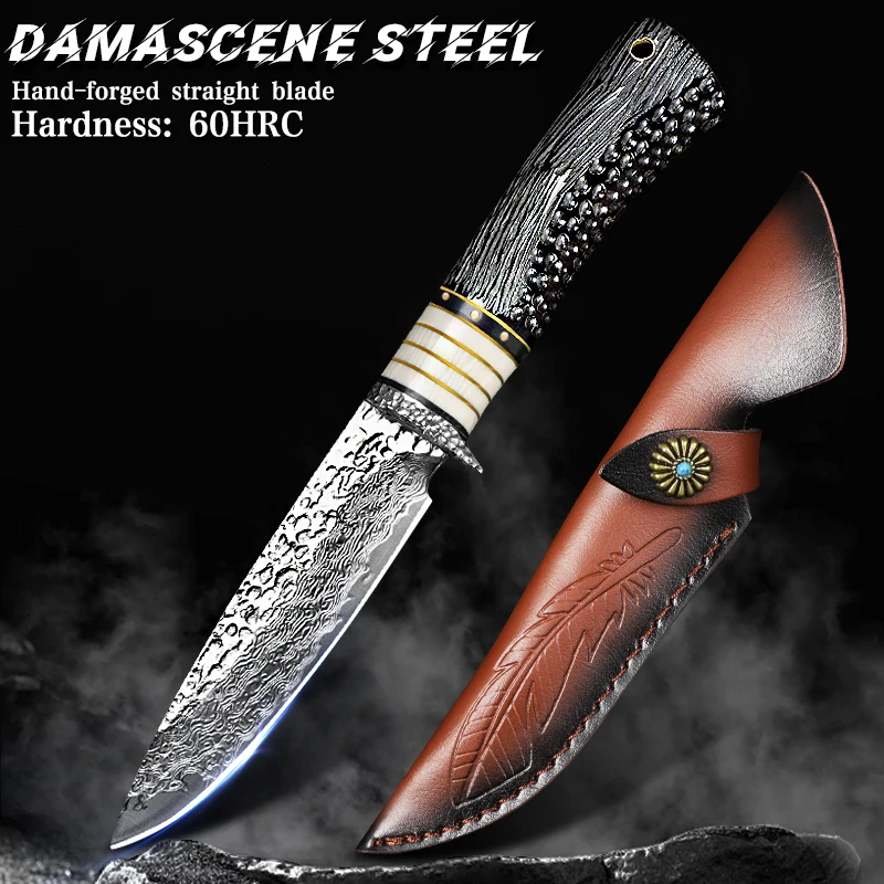 VG10 Damascus Steel Fixed-Blade Knife, Ebony Handle with Leather Sheath, Outdoor Camping and Survival EDC Utility Knife