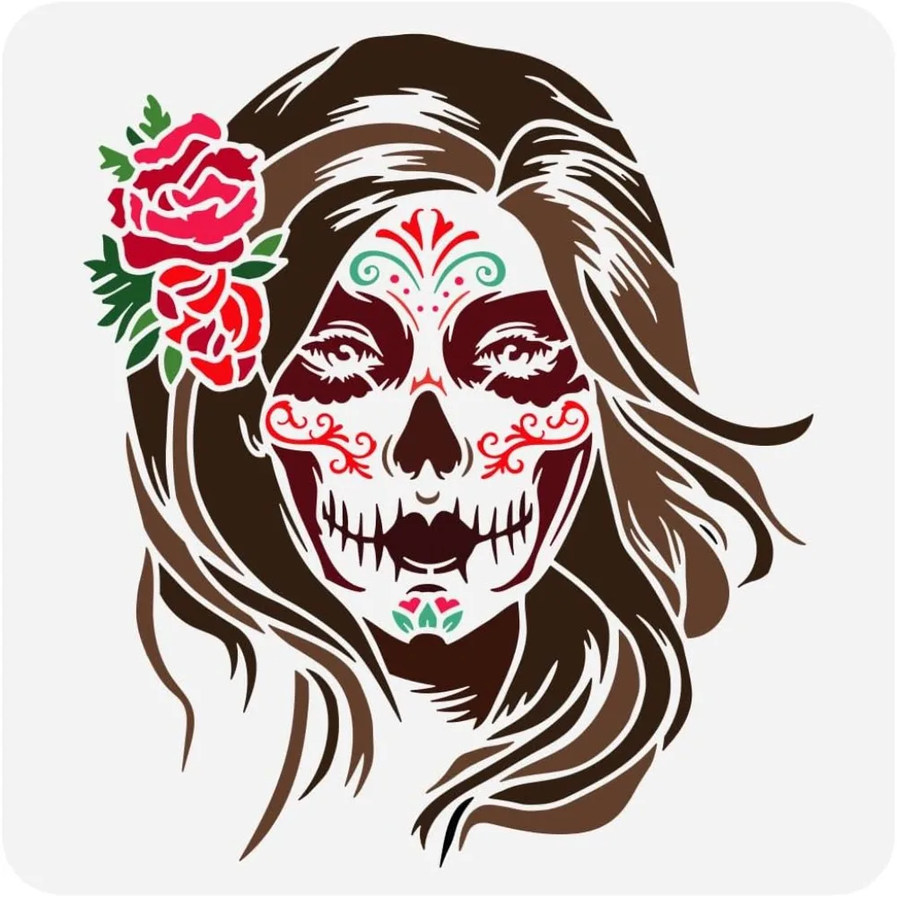 Painting Stencil 11.8x11.8 inch Reusable Zombie Girl Pattern Drawing Template DIY Skeleton Flower Woman Deoration Stencil