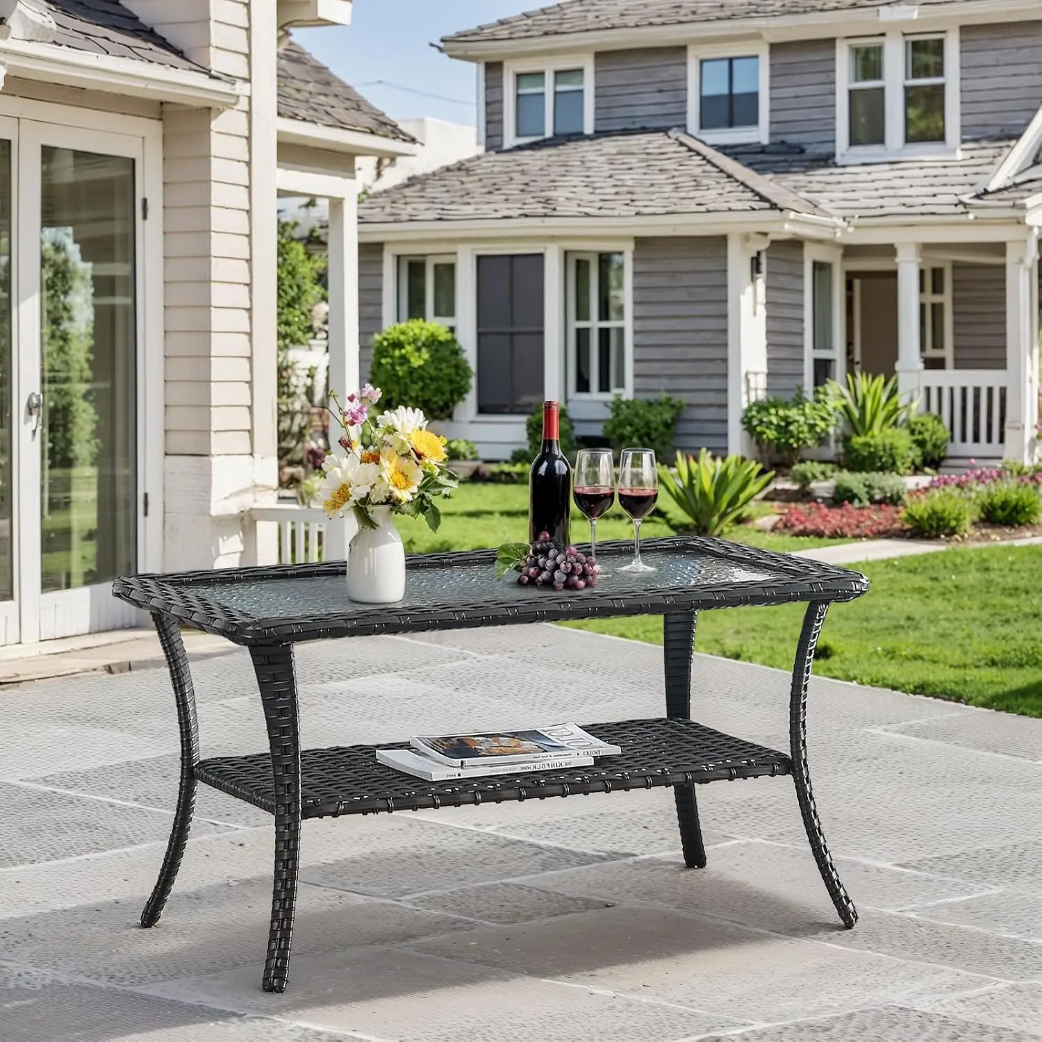 Outdoor Rattan Wicker Coffee Table with Tempered Glass Top & 2-Tier Storage for Patio Deck Porch Balcony Garden, Customized