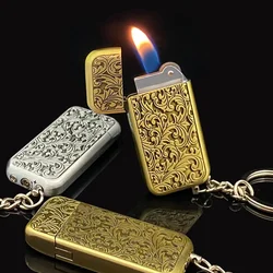 Nostalgic Portable Mini Retro Bronze Gas Lighter Metal Keychain Wheel Butane Lighter High-end Cigarette Accessories Men's Gift